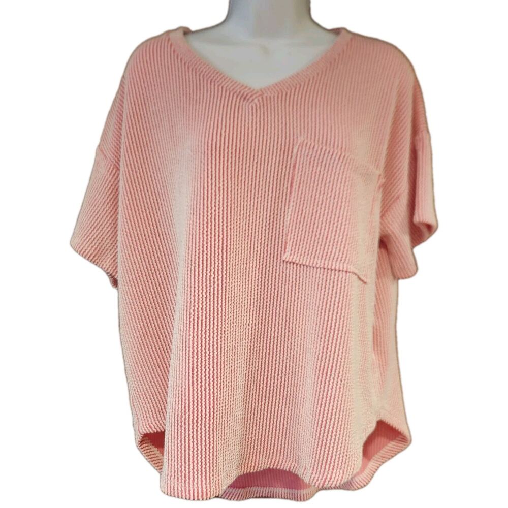 Altar'd State Hot Pink And White‎ Striped Oversized Tshirt With Breast Pocket Sz